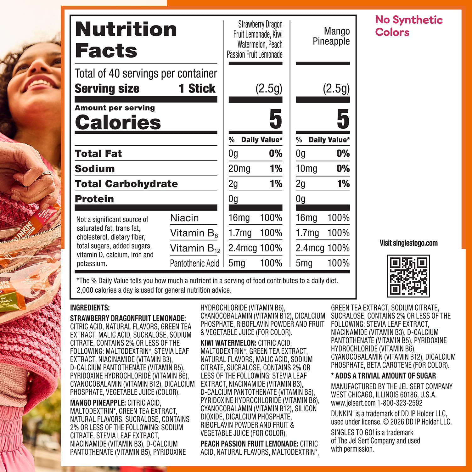 SINGLES TO GO! label close-up showing caffeine amount and ingredient highlights