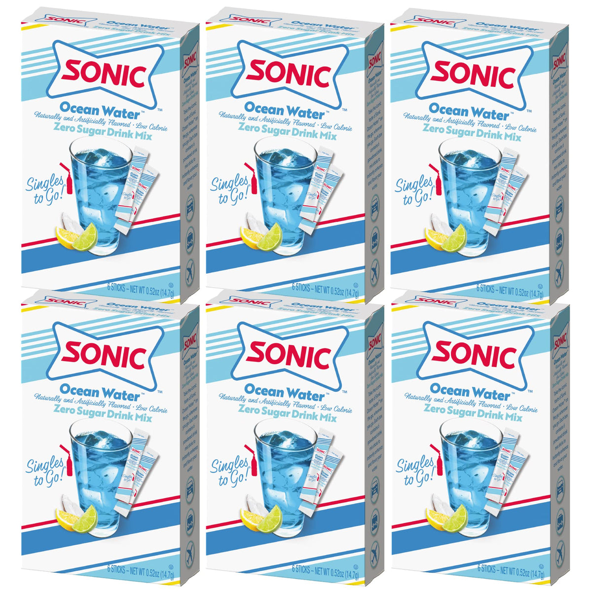 SINGLES TO GO! front box showing Ocean Water branding and quantity benefit