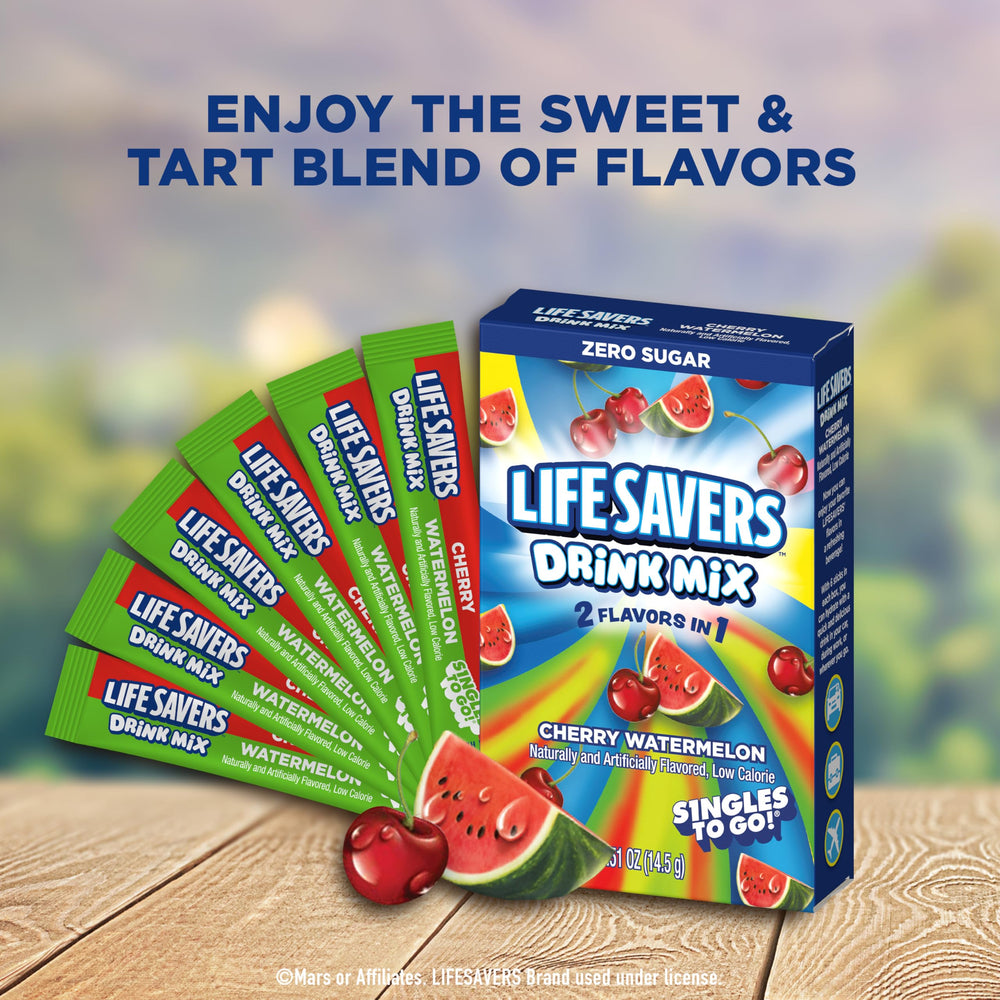 SINGLES TO GO! LIFESAVERS powder poured into a bottle demonstrating quick dissolving and vibrant color