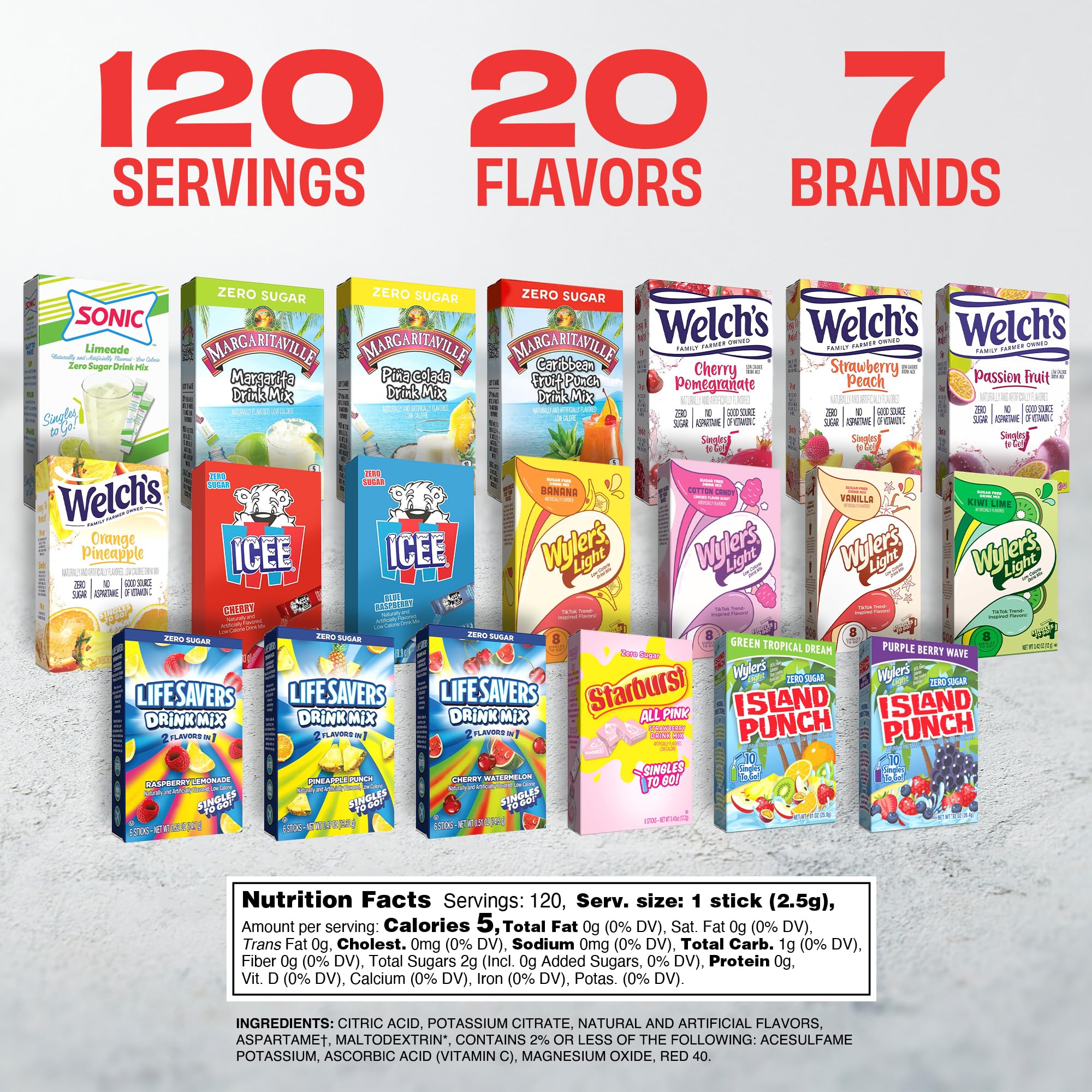 SINGLES TO GO! open packets displayed to highlight 20 flavor variety