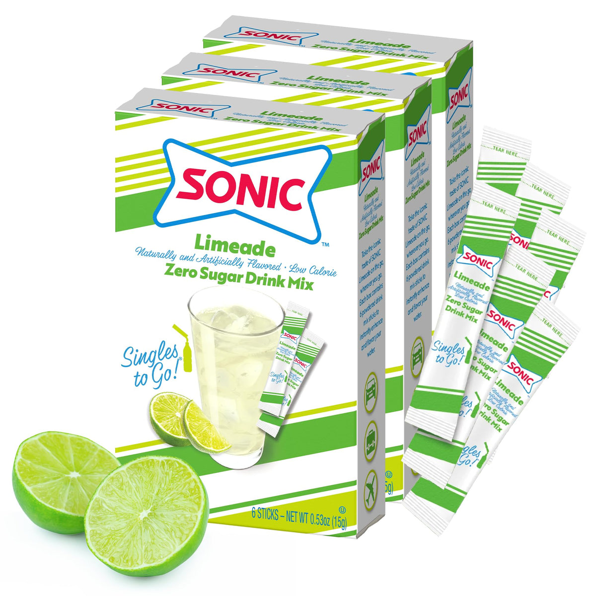 SINGLES TO GO! front box showing product and servings, convenient storage benefit