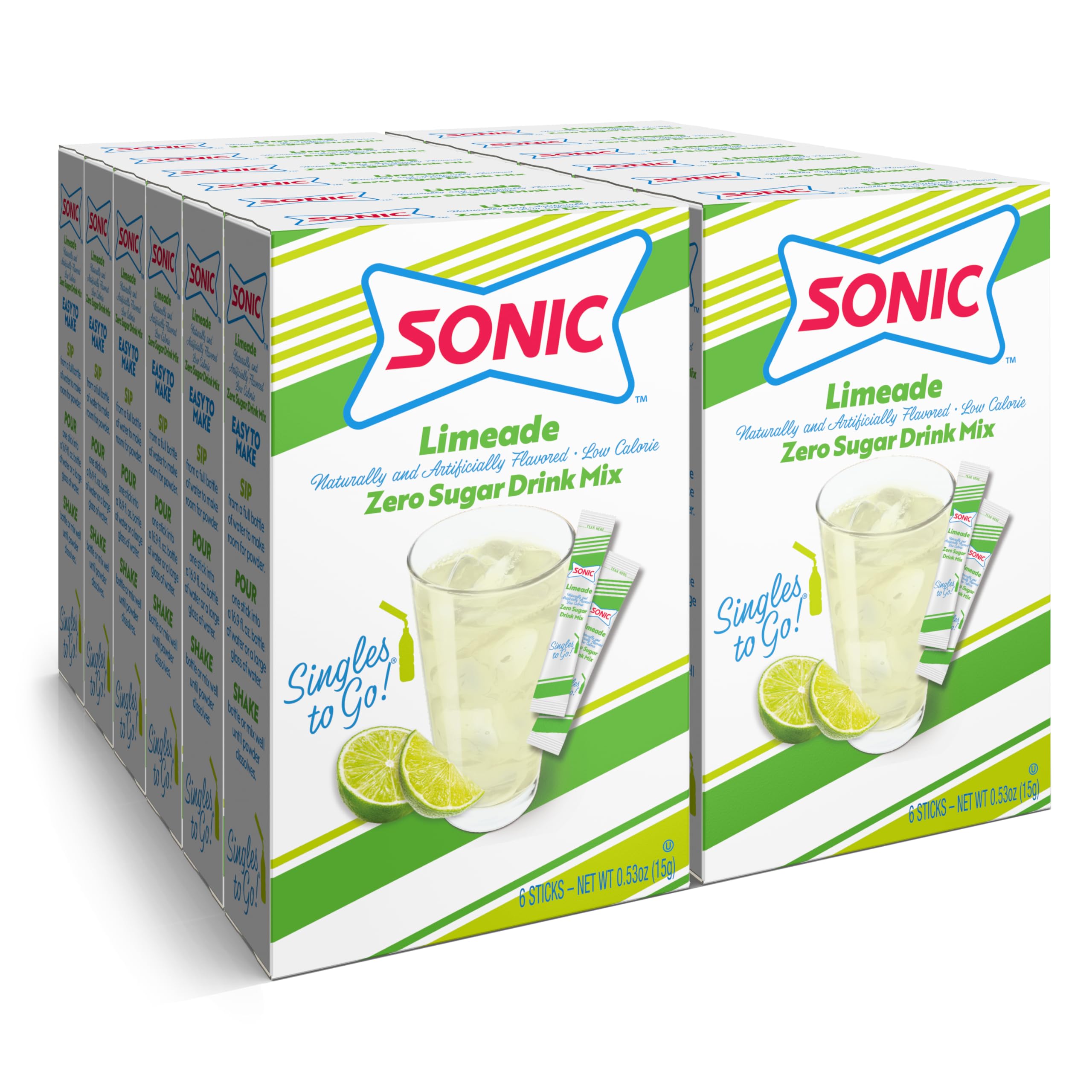 SINGLES TO GO! Sonic Limeade front packaging showing 12 boxes and 72 packets for convenient supply