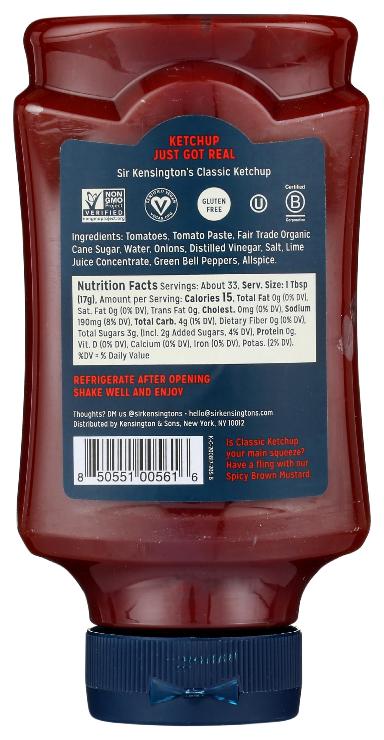 Sir Kensington's label closeup highlighting non‑GMO and vegan badges