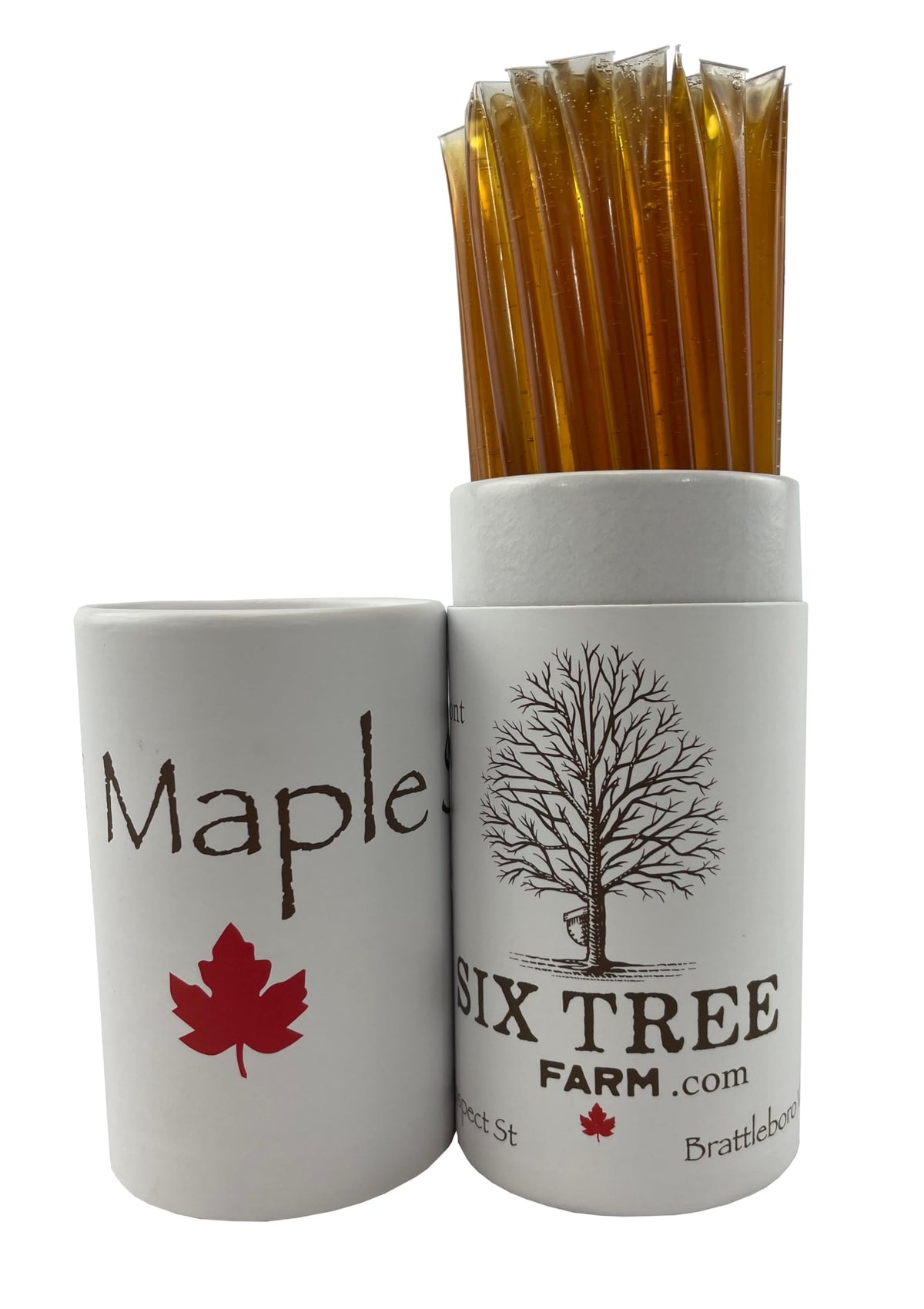 Six Tree Farm front packaging showing maple sticks and portable serving benefit