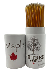 Six Tree Farm front packaging showing maple sticks and portable serving benefit