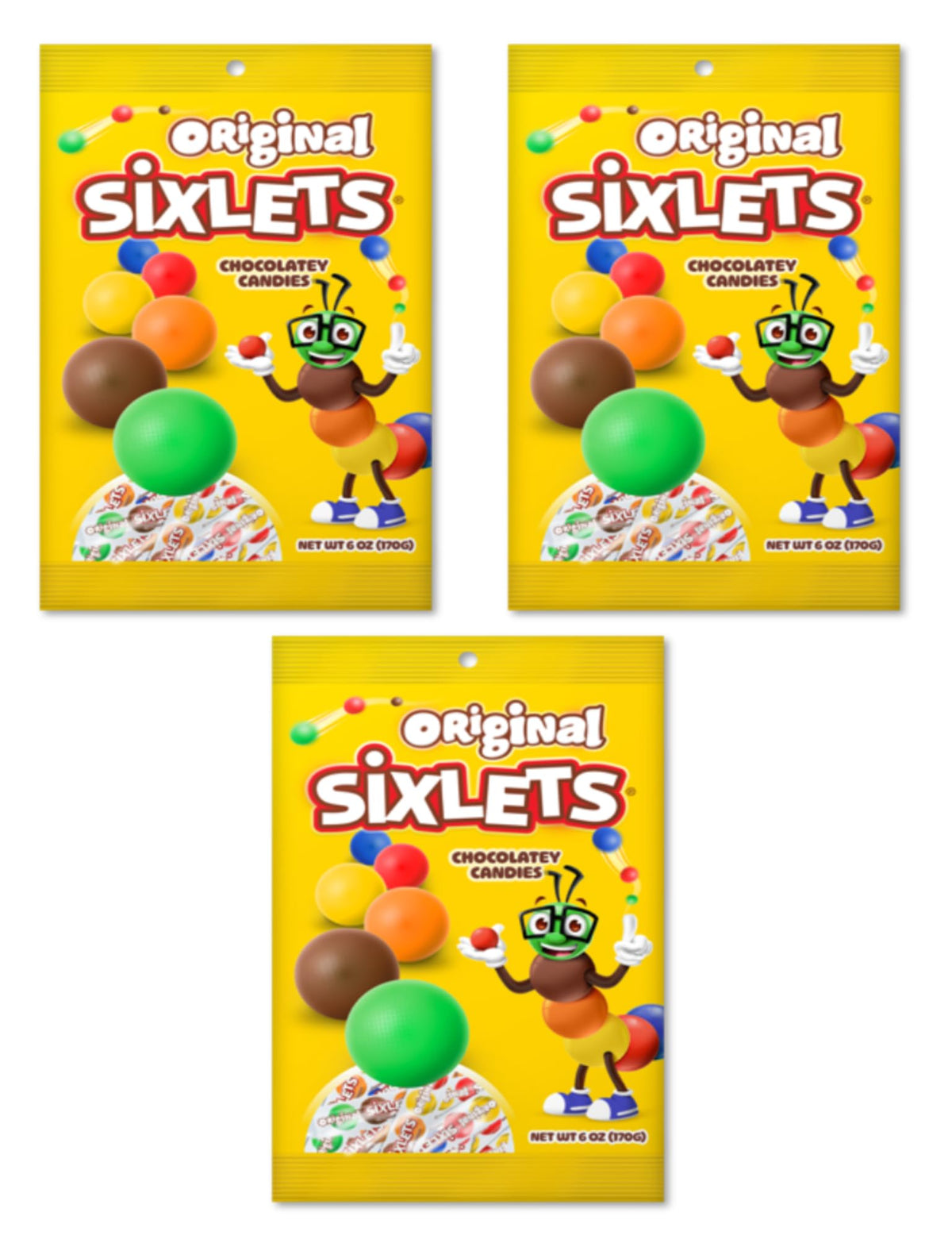 Sixlets front packaging showing three 6 oz bags and colorful appeal for easy sharing