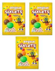 Sixlets front packaging showing three 6 oz bags and colorful appeal for easy sharing