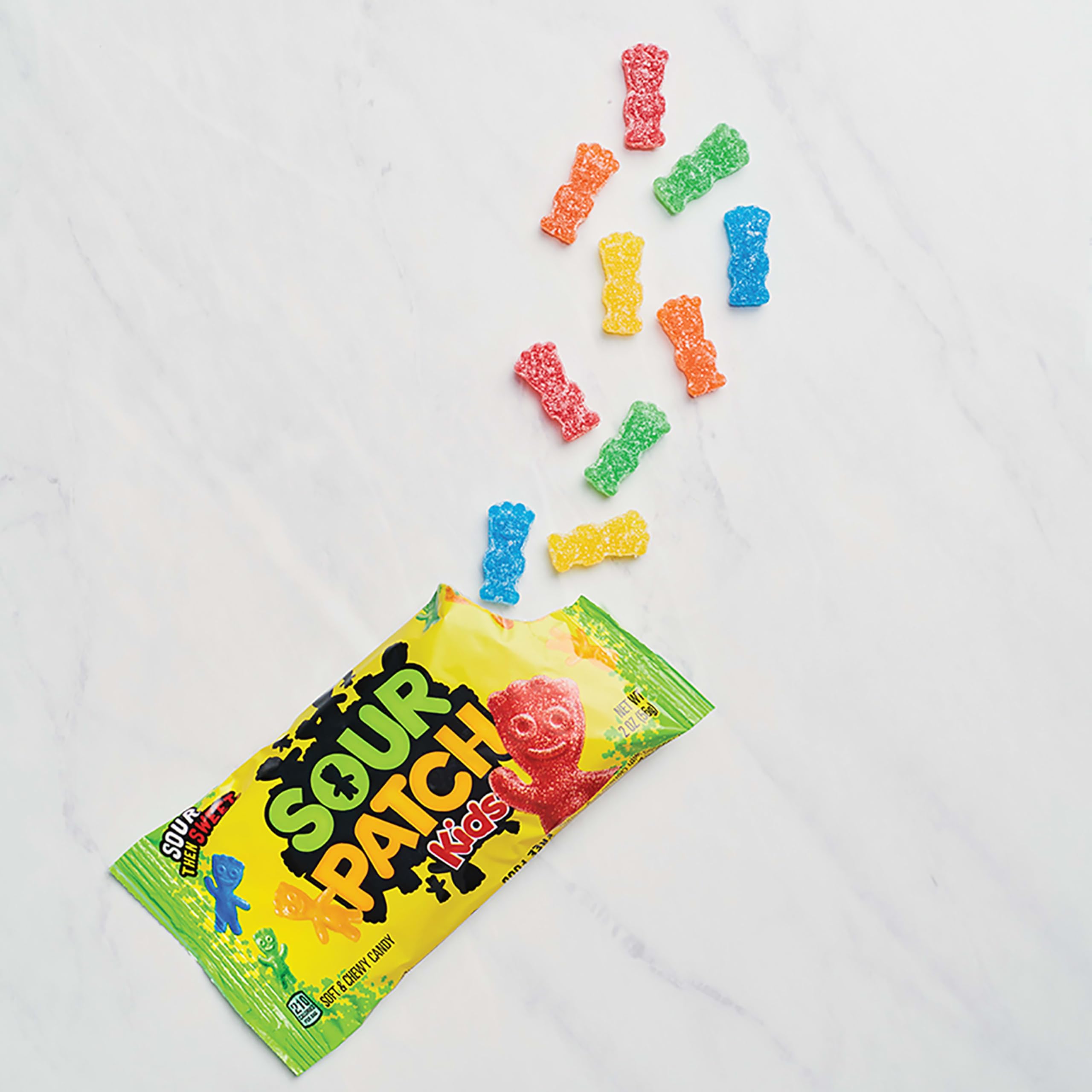 2 oz Sour Patch Kids bag next to credit card for clear size comparison