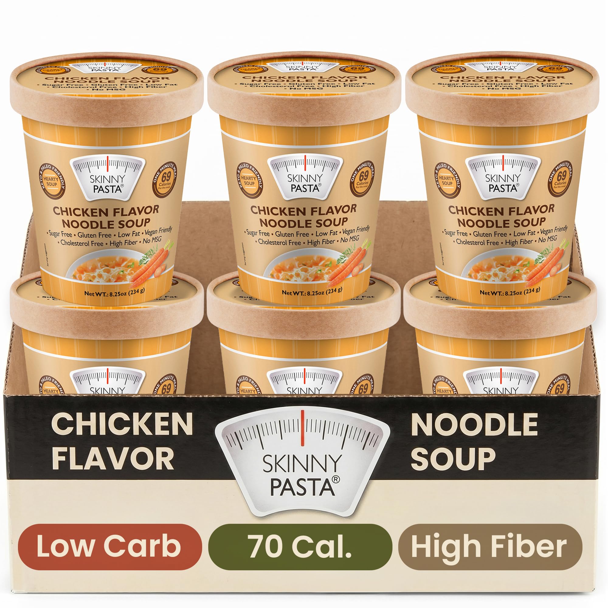 Skinny Pasta front packaging showing chicken soup cup and brand