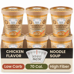 Skinny Pasta front packaging showing chicken soup cup and brand