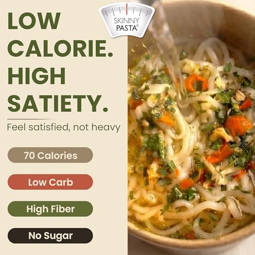 Skinny Pasta close-up of noodle texture highlighting low-calorie benefit