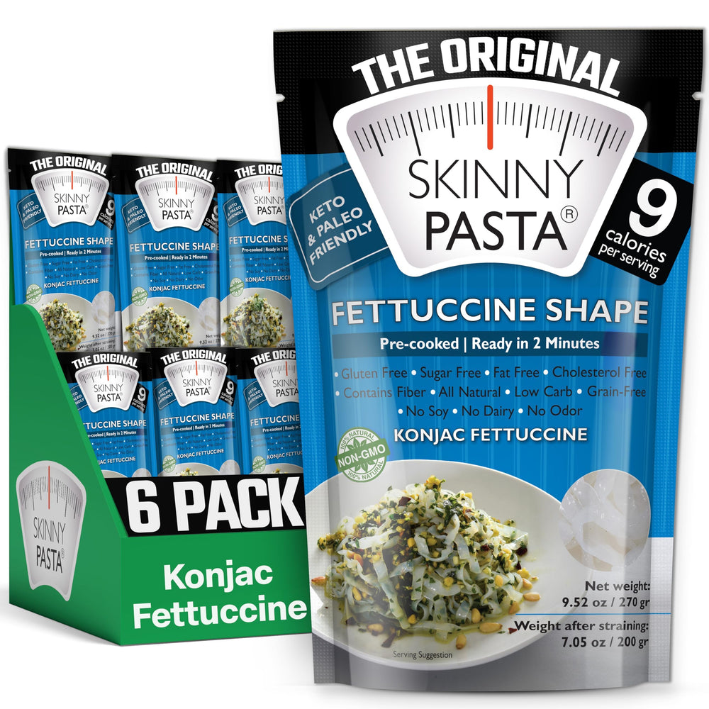 Six-pack of Skinny Pasta fettuccine stacked for pantry-ready convenience