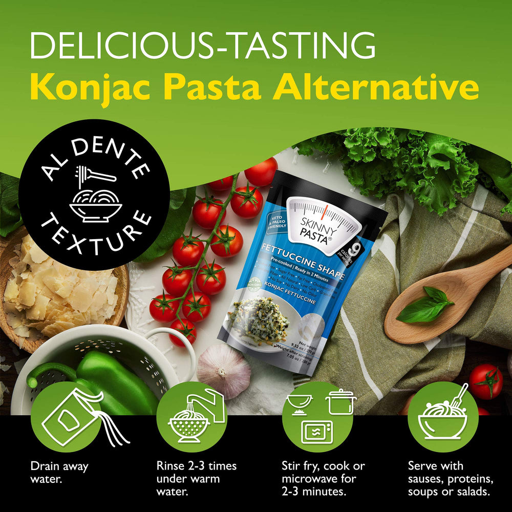 Hand holding Skinny Pasta fettuccine pack showing portion scale