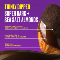 SKINNYDIPPED chocolate coating cross-section showing thin dark chocolate and crunchy center