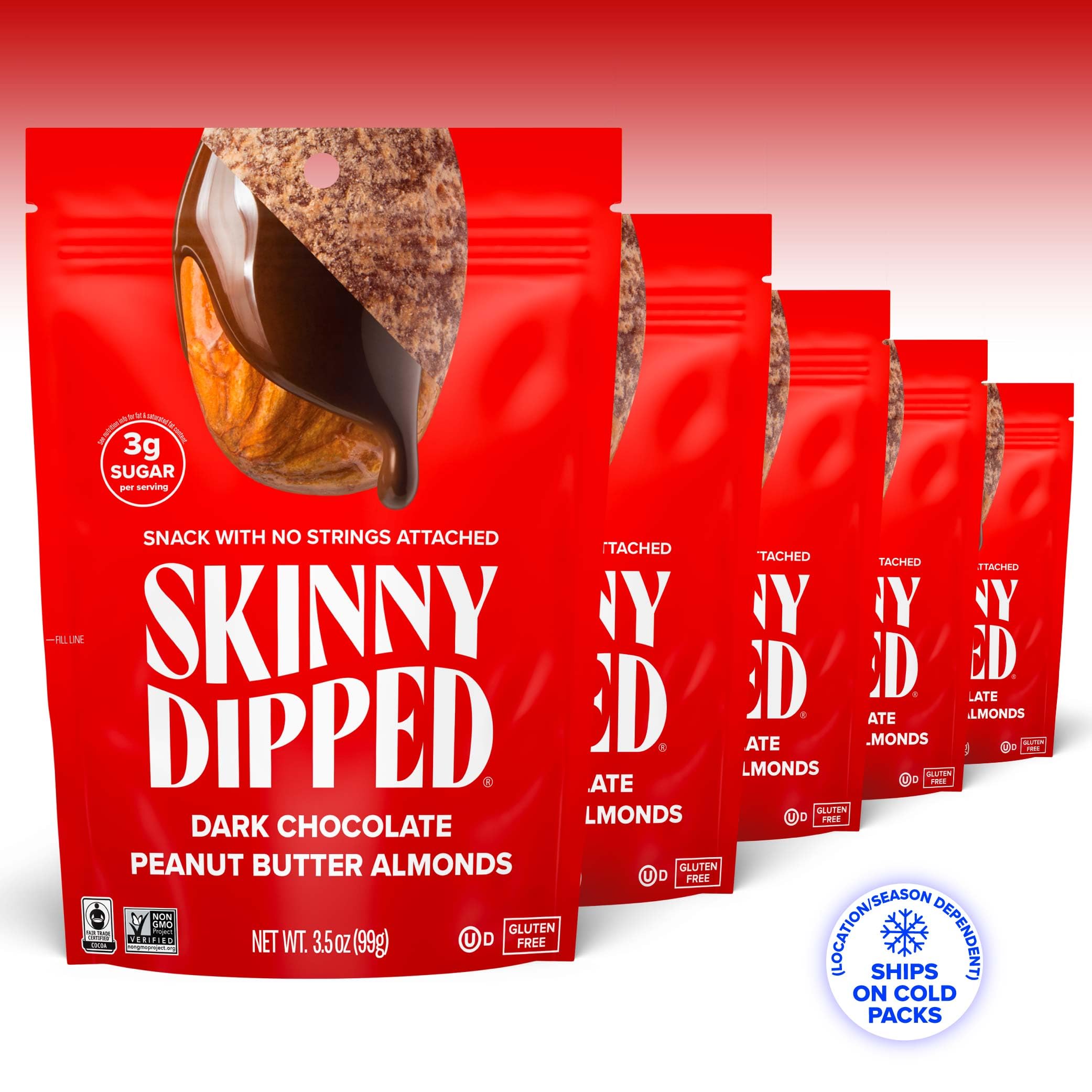 SKINNYDIPPED close-up of chocolate peanut butter almonds highlighting crunch benefit