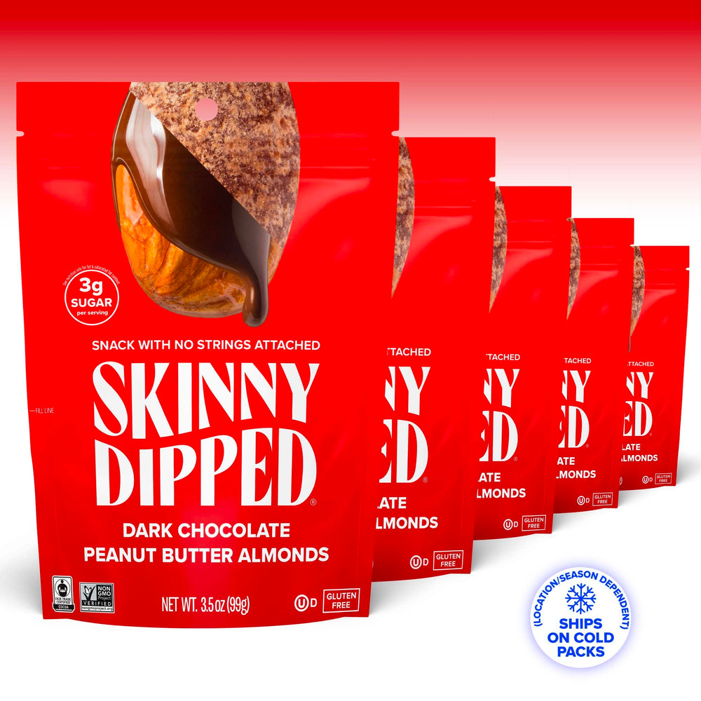 SKINNYDIPPED close-up of chocolate peanut butter almonds highlighting crunch benefit