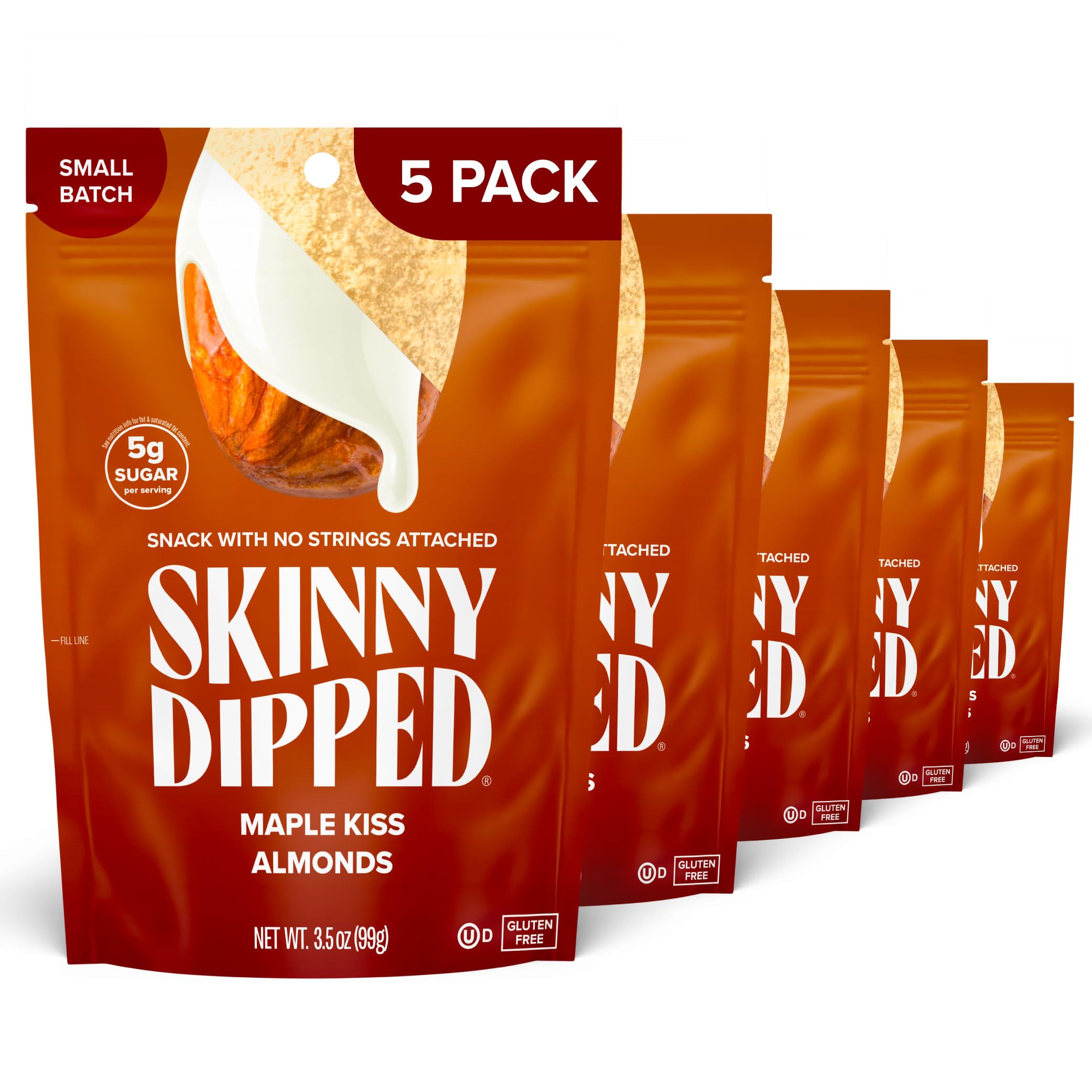 SKINNYDIPPED front packaging showing Maple Kiss almond bags and convenience