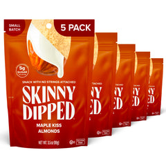 SKINNYDIPPED front packaging showing Maple Kiss almond bags and convenience