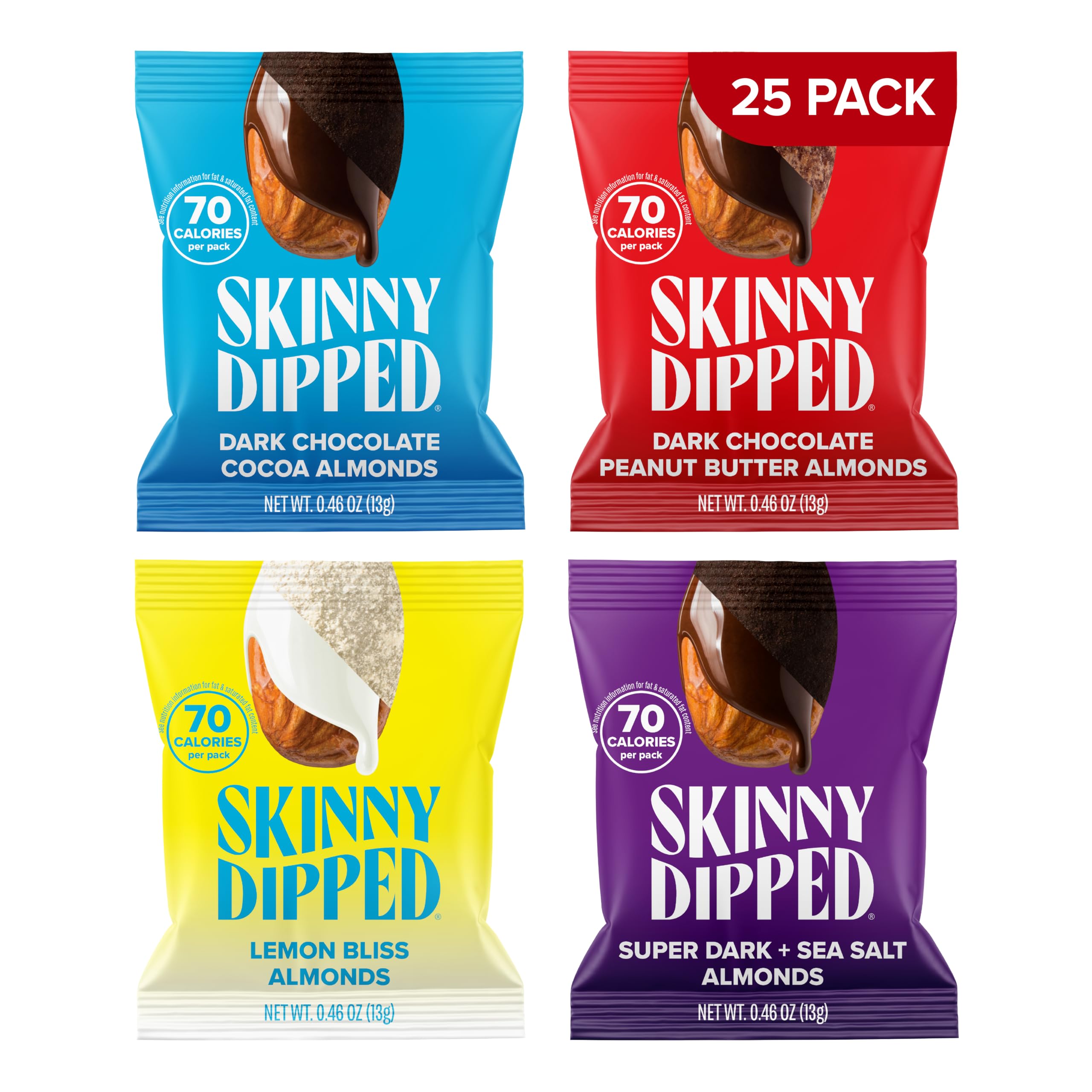SKINNYDIPPED front packaging showing the 25-pack and variety for convenient snacking