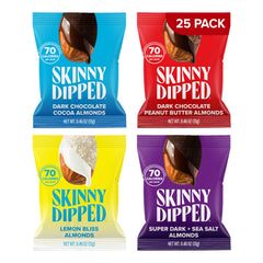 SKINNYDIPPED front packaging showing the 25-pack and variety for convenient snacking