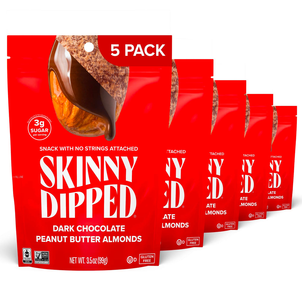 SKINNYDIPPED front packaging showing resealable bag and branding benefit