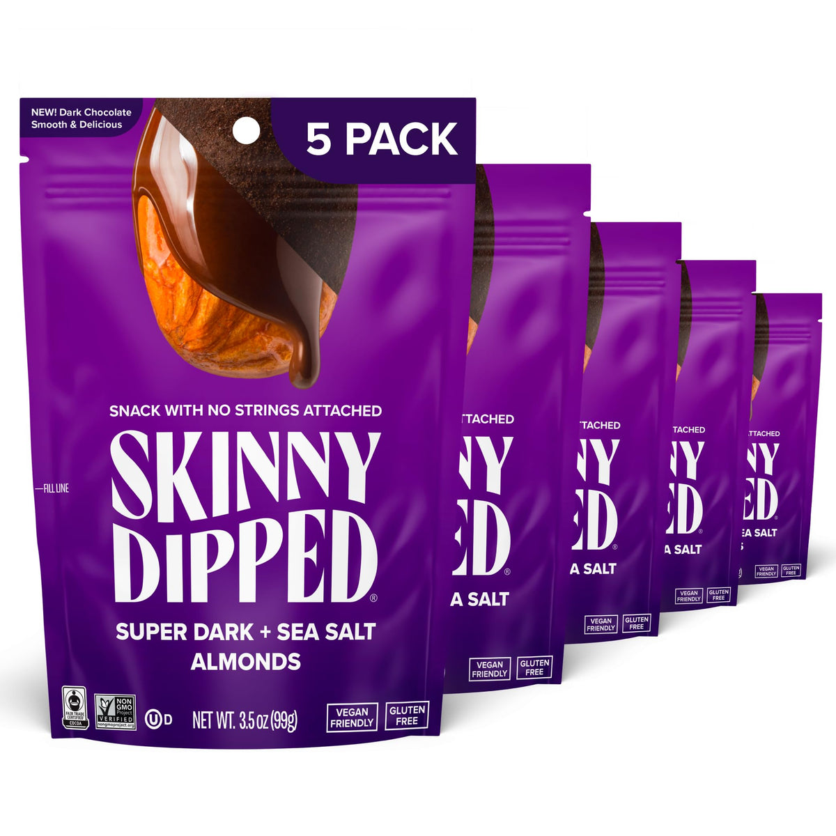 SKINNYDIPPED front packaging showing five resealable snack bags and branding benefit portability