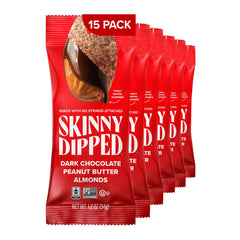 SKINNYDIPPED individually wrapped pouches fanned out for grab-and-go portion control