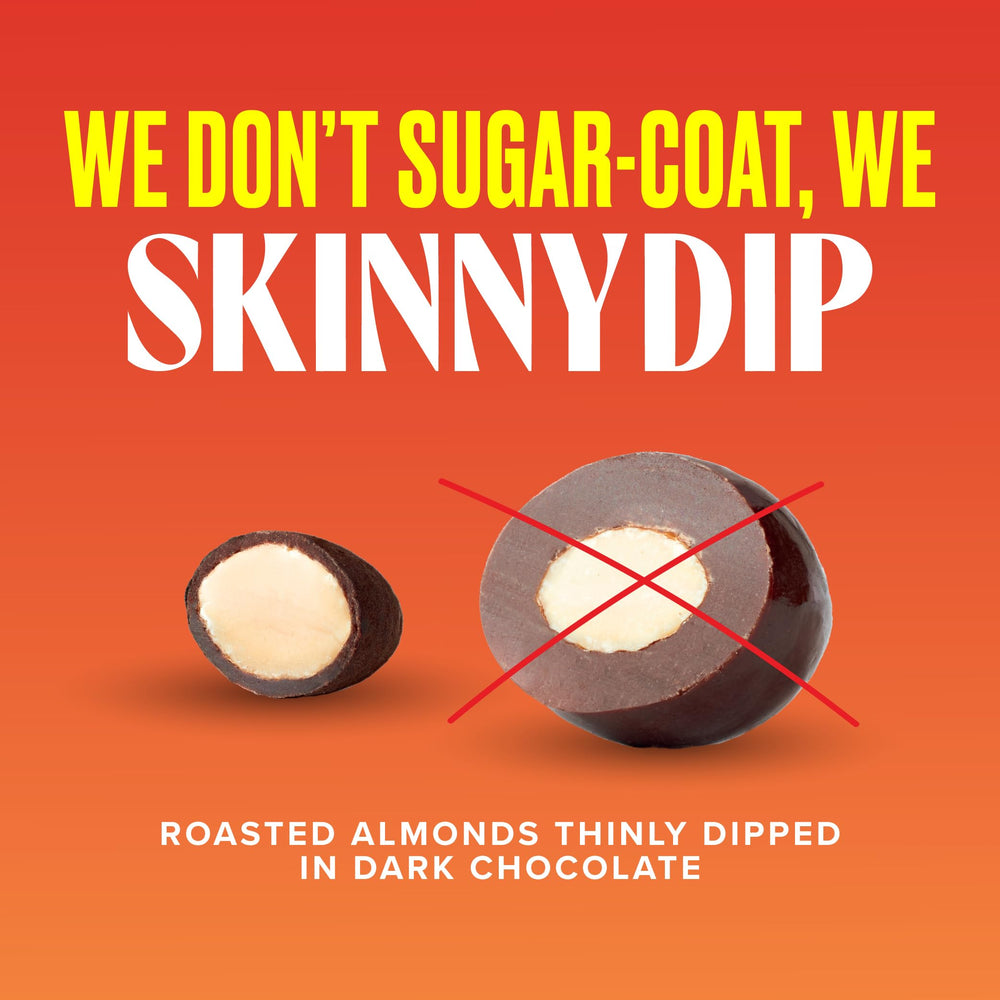 SKINNYDIPPED ingredients display with almonds chocolate and maple sugar emphasizing clean label