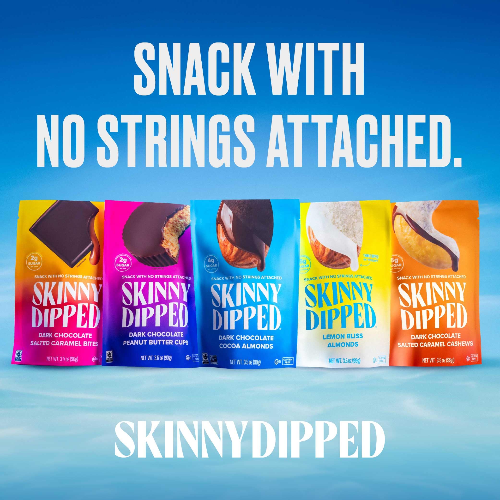 SKINNYDIPPED nuts flatlay showing roasted ingredients and clean-label focus