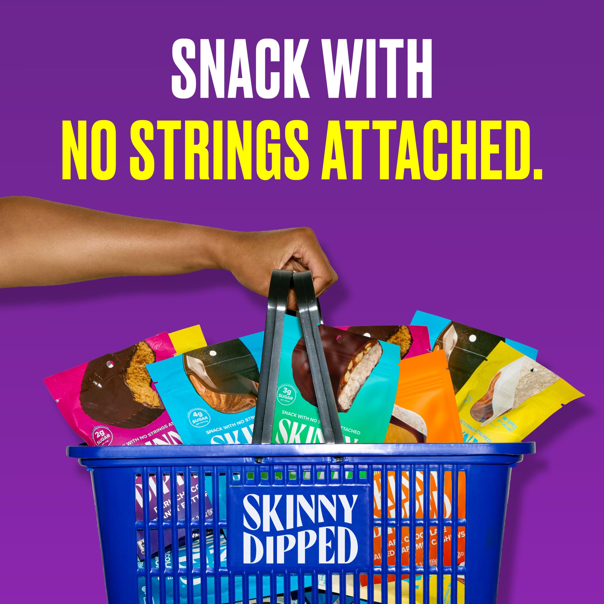 SKINNYDIPPED lifestyle countertop scene with snacks and drink showing entertaining benefit