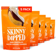 SKINNYDIPPED front packaging showing five resealable bags and product branding benefit portion control