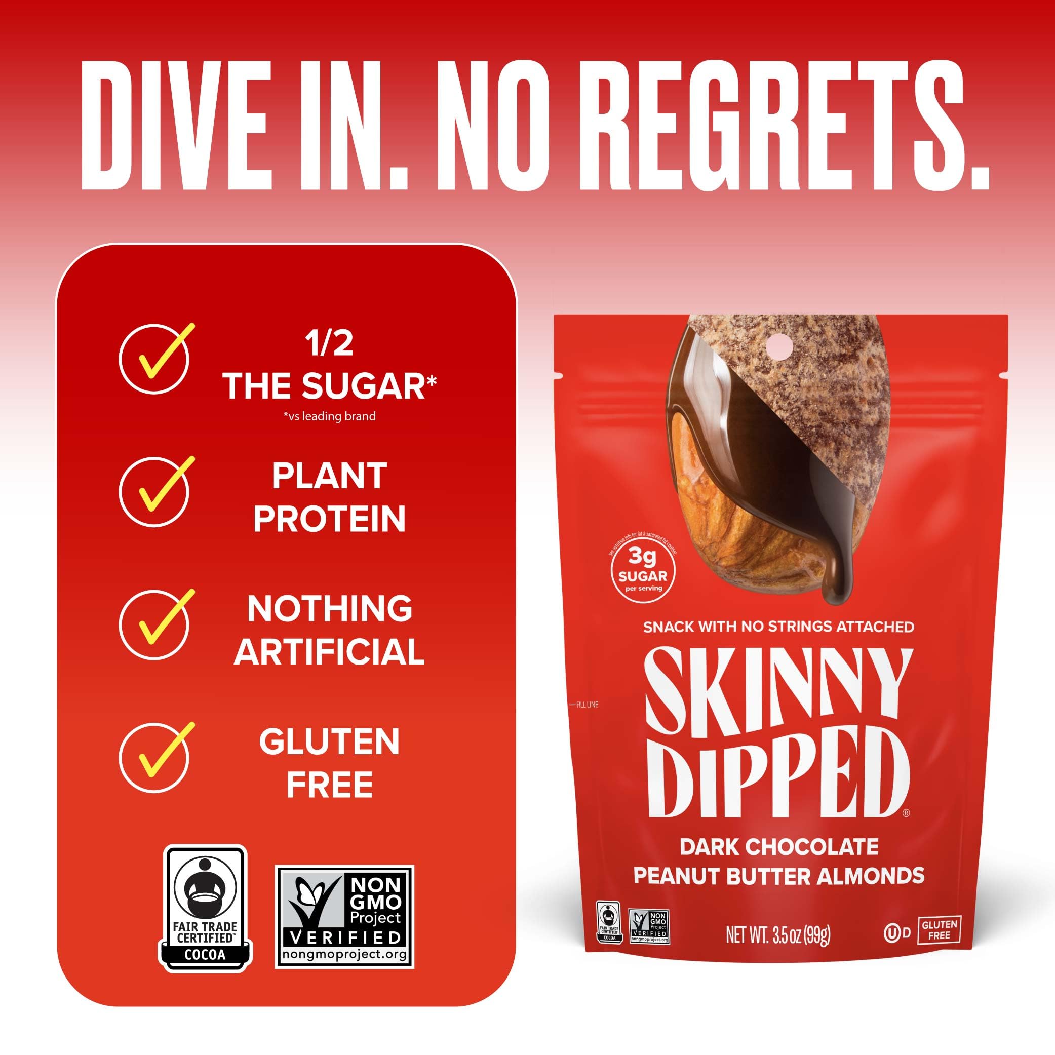 SKINNYDIPPED texture detail of thin chocolate coating emphasizing nutty bite