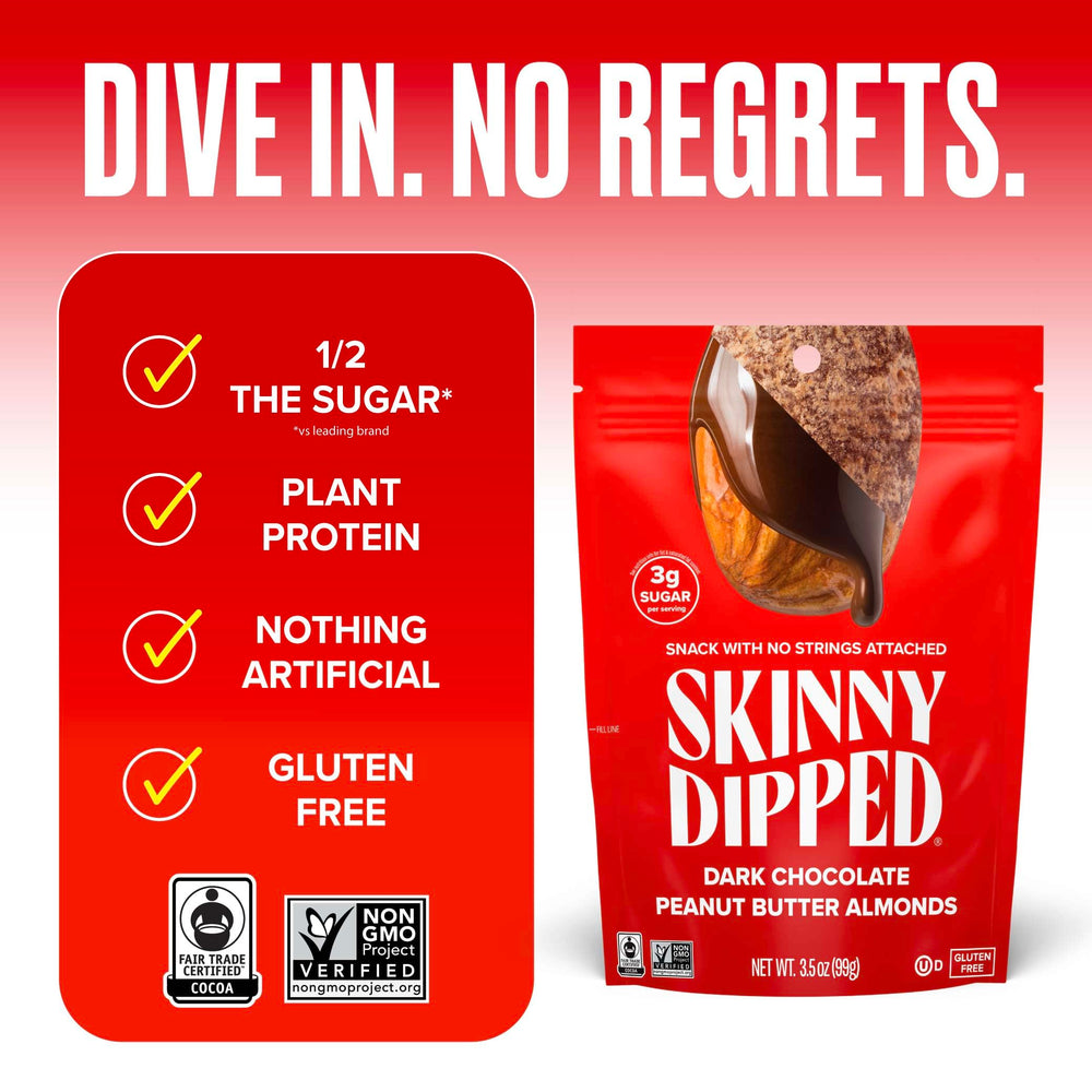 SKINNYDIPPED texture detail of thin chocolate coating emphasizing nutty bite