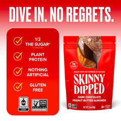 SKINNYDIPPED texture detail of thin chocolate coating emphasizing nutty bite