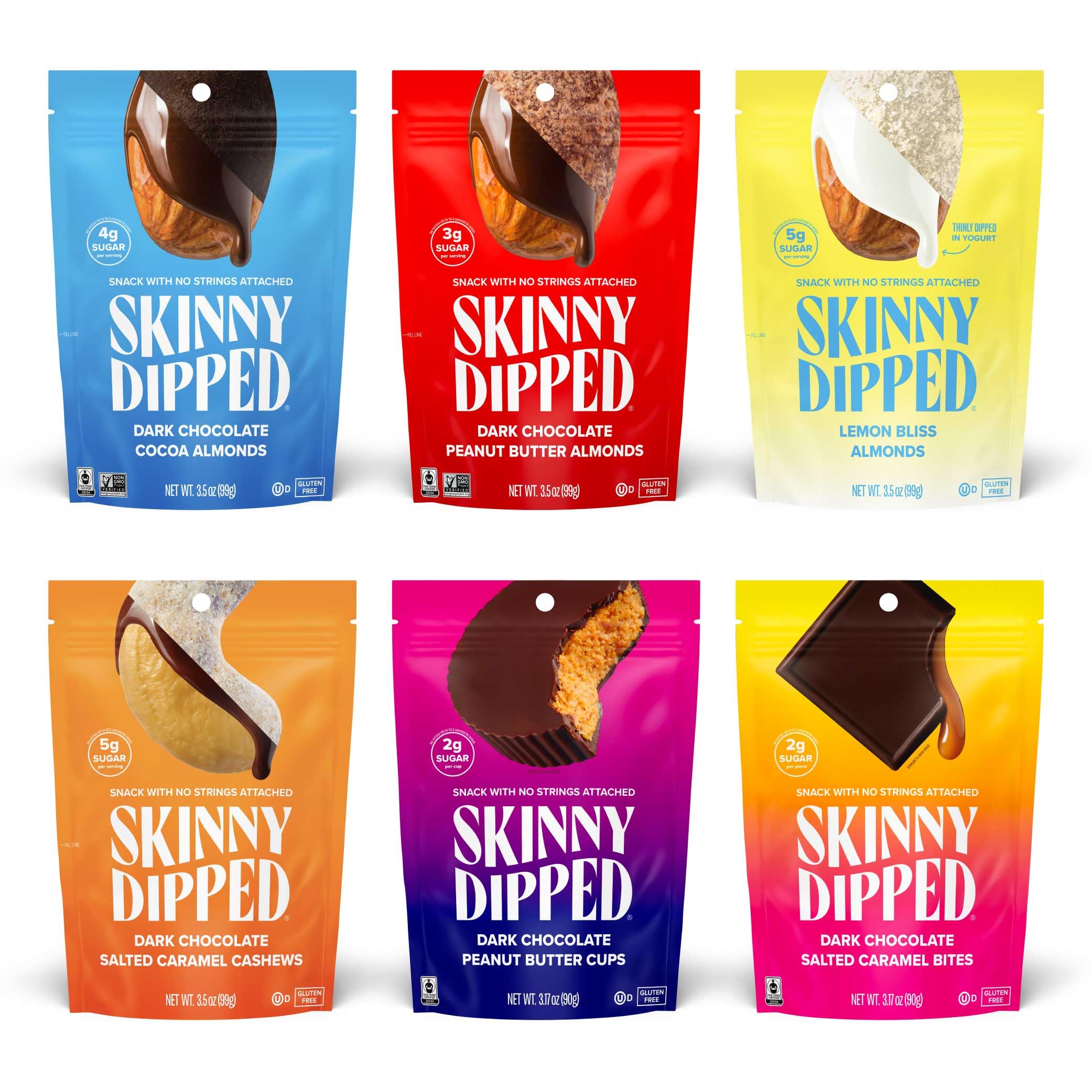 SKINNYDIPPED front packaging showing variety pack and benefits
