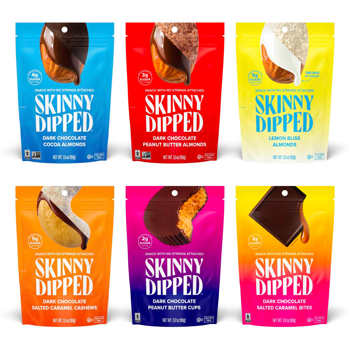 SKINNYDIPPED front packaging showing variety pack and benefits