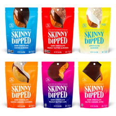 SKINNYDIPPED front packaging showing variety pack and benefits