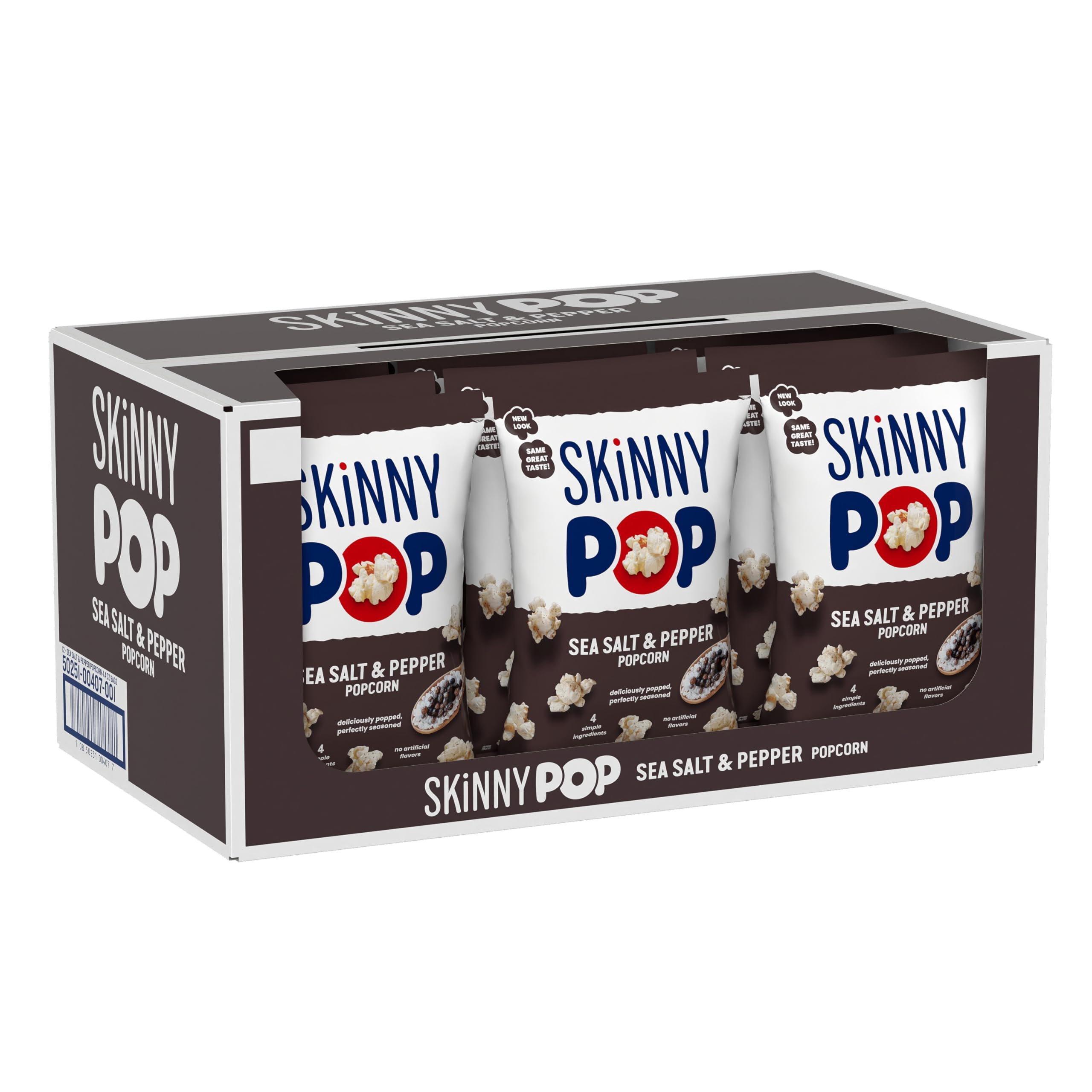 SkinnyPop front packaging showing sea salt and pepper flavor, highlights portability