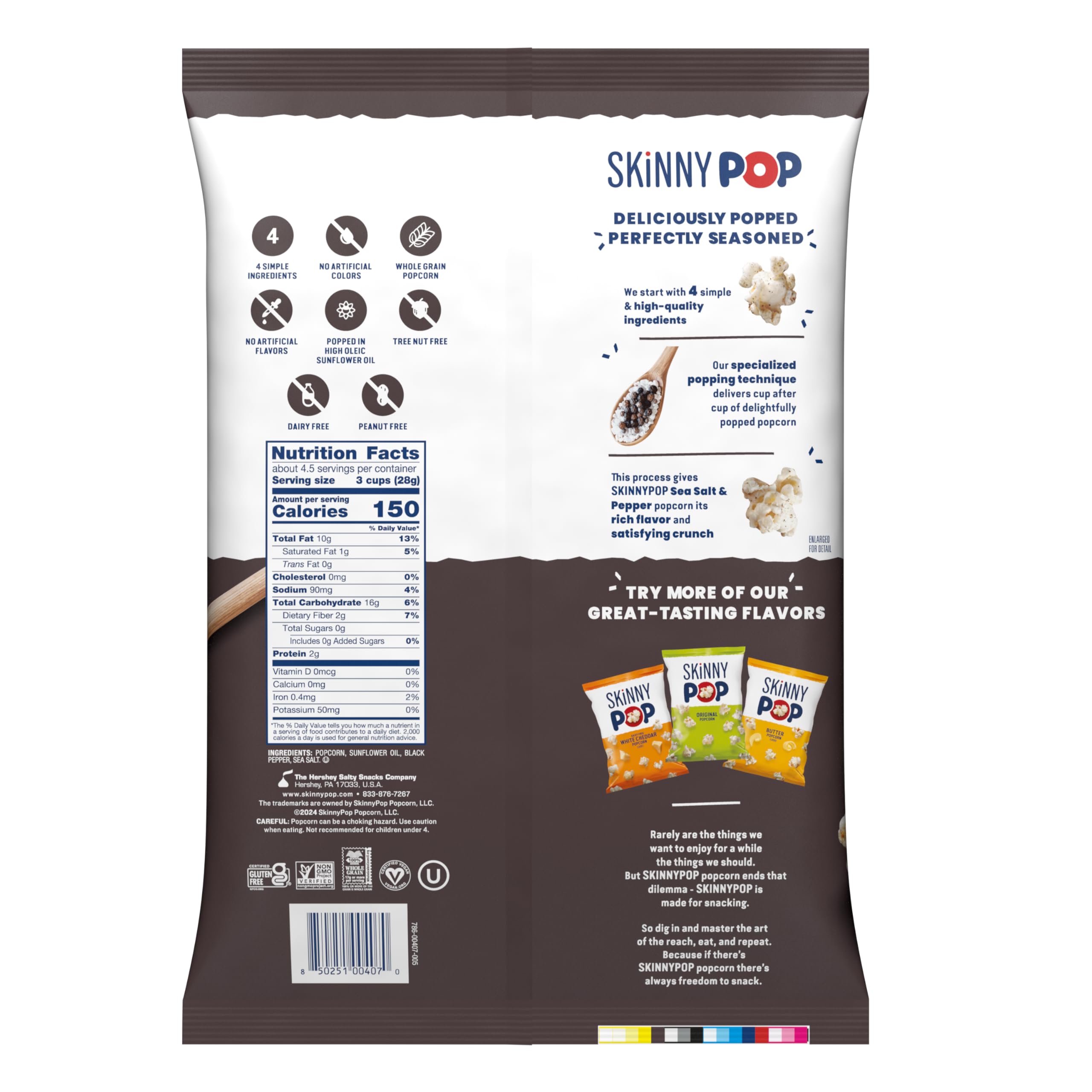 SkinnyPop nutrition label and ingredients panel, communicates clean-ingredient transparency