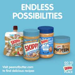 SKIPPY jar held in hand for size comparison showing pantry-ready portion benefit