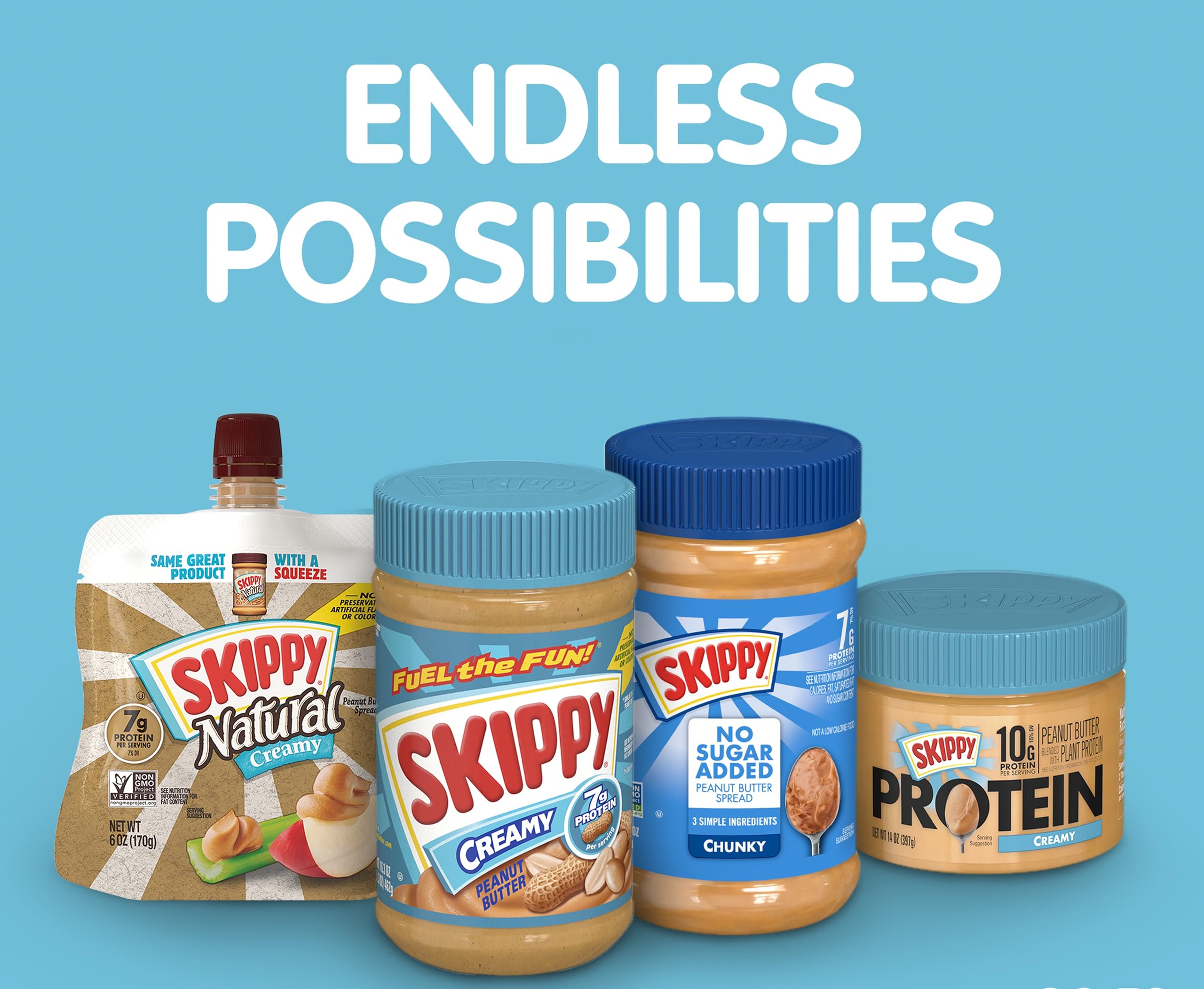 SKIPPY jar held in hand showing 15 oz size for portion perspective