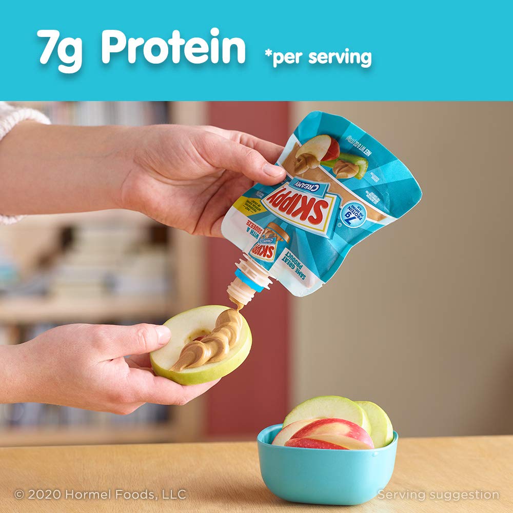 SKIPPY squeeze creamy peanut butter poured on toast for quick breakfasts