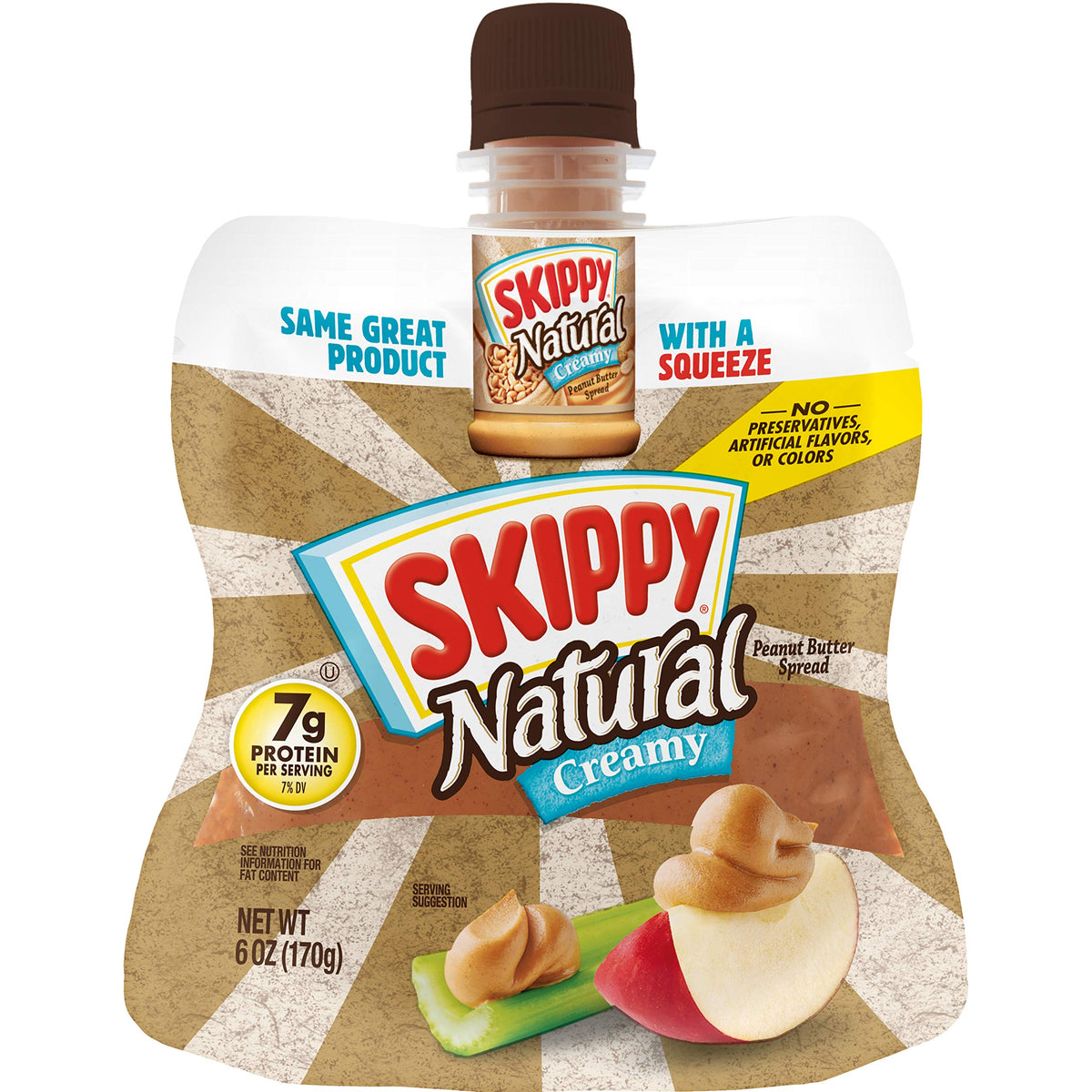 SKIPPY squeeze front packaging showing six 6oz bottles for convenient snacking