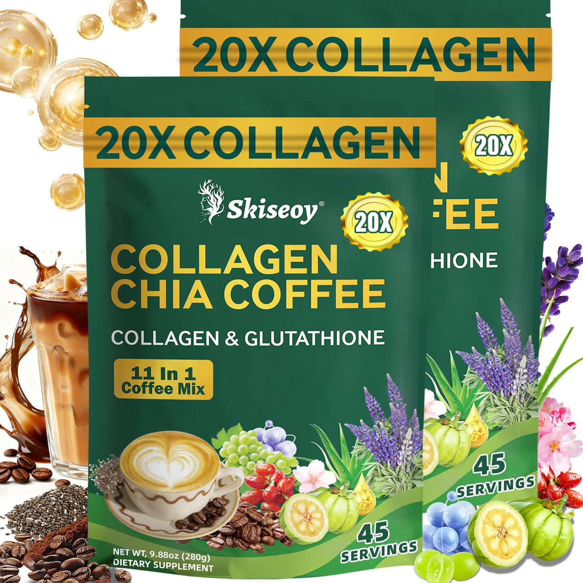 Skiseoy front packaging showing 45 servings and product benefits