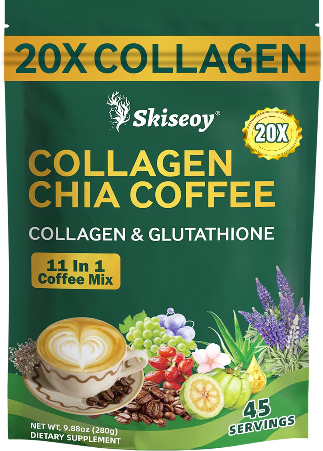 Skiseoy front packaging showing 45-serving pouch and product benefits