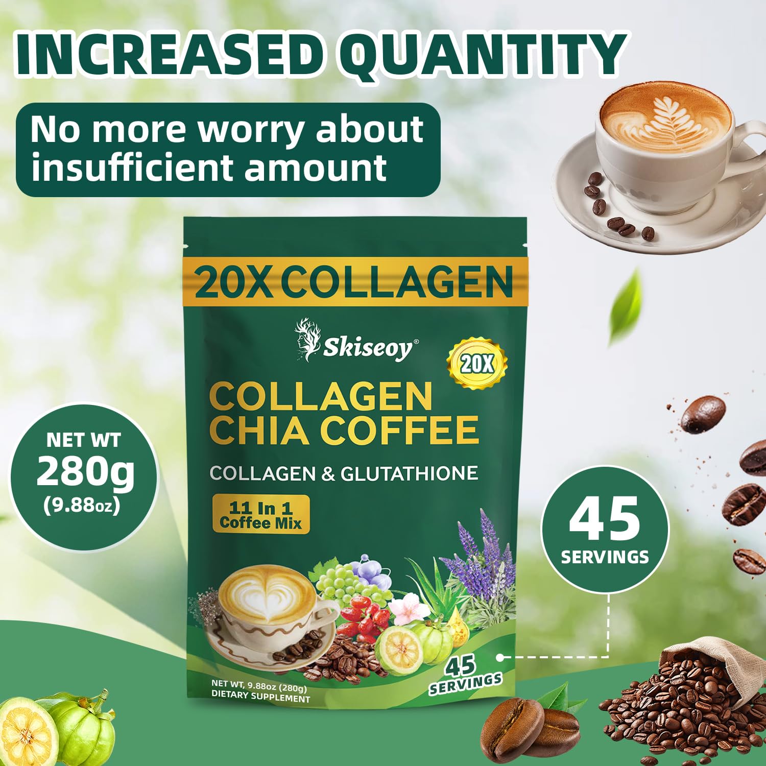 Skiseoy ingredient label close-up showing collagen and chia contents