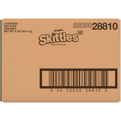 Skittles front packaging 4 lb box showing full bulk supply and easy storage