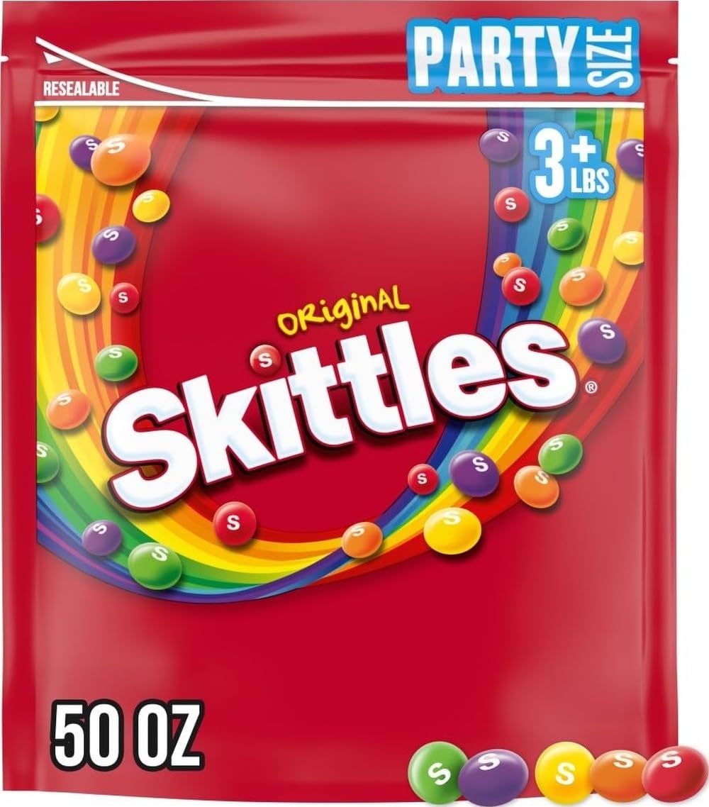 Skittles front pouch showing branding and colorful candies, easy party supply