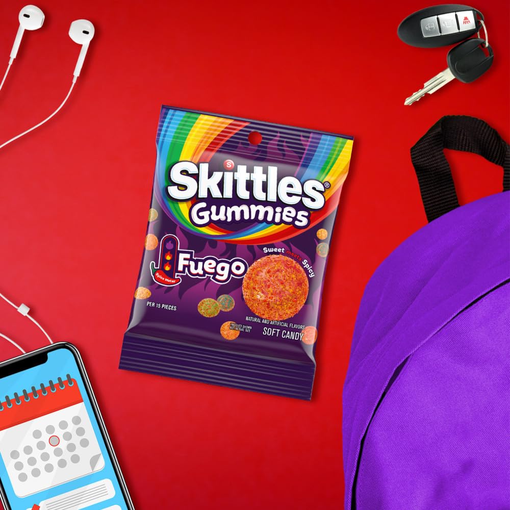 SKITTLES Fuego assorted mango watermelon strawberry gummies showing color variety