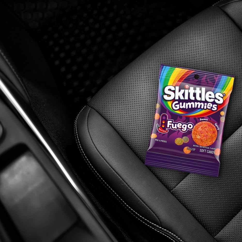 SKITTLES Fuego bag next to soda can showing 5.8 oz size comparison benefit